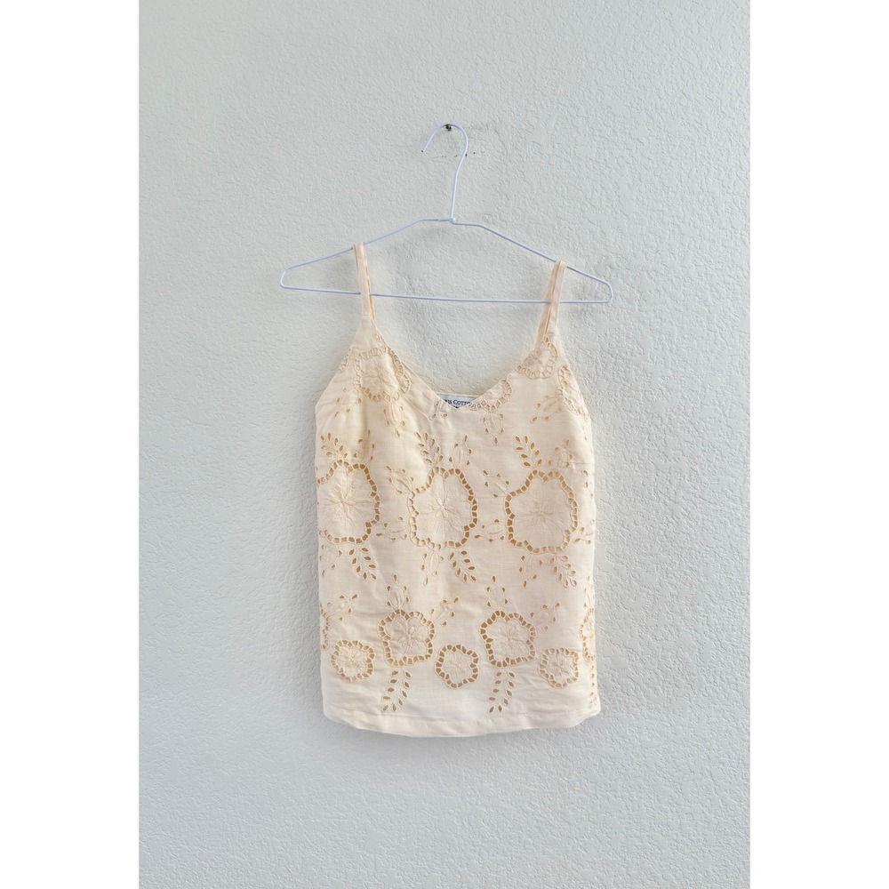Haris Cotton Camisole Women XS Cream Linen Floral Eyelet Made in Greece Top